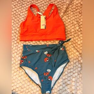 High-Waist Floral Bikini Set in Coral and Teal